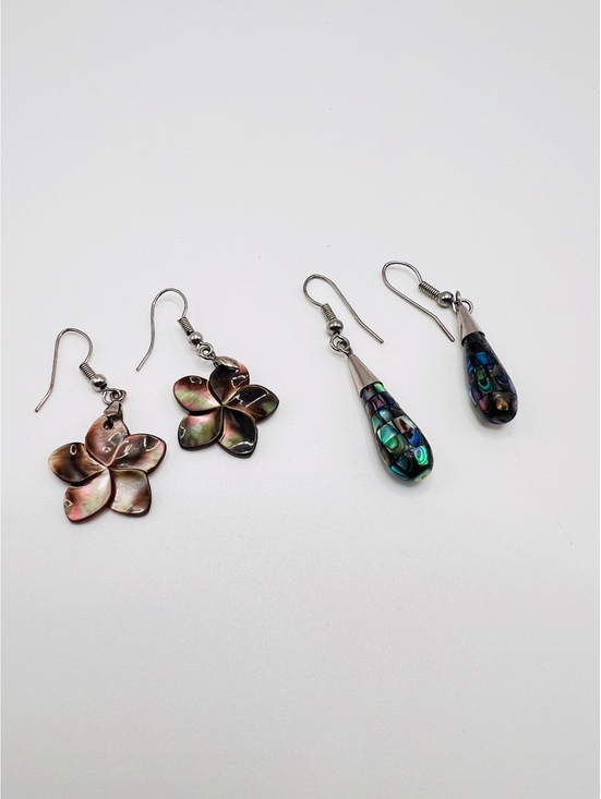 Jewelry - Sterling Silver Abalone Paua Shell Earrings Lot Plumeria Flower Teardrop 2 Pair